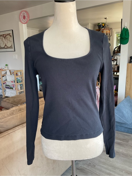 Maeve Tops - Maeve by Anthropologie Black Ribbed Knit Square Neck Stretch Top Long Sleeve L